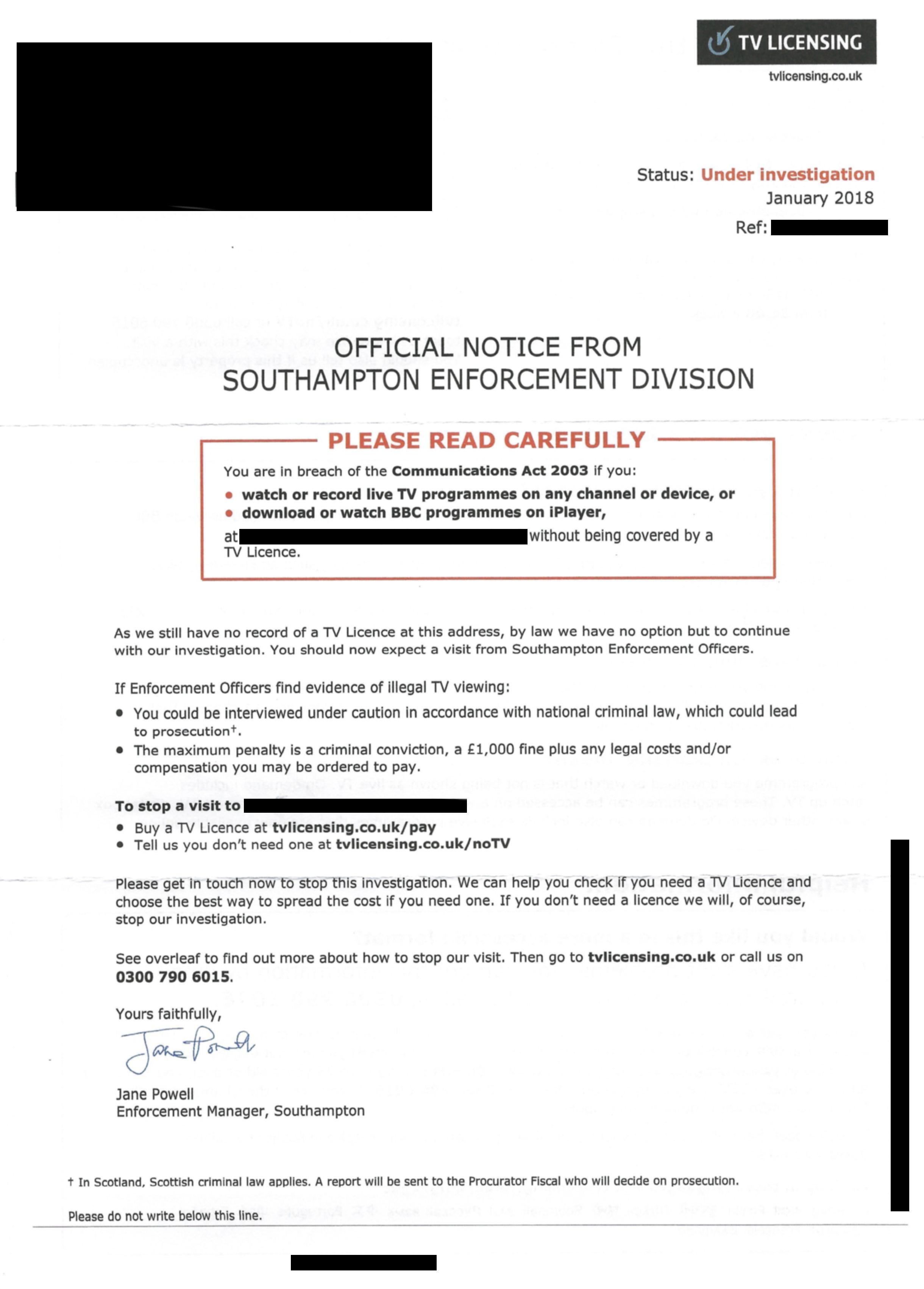 Letters from BBC Television Licensing/intro